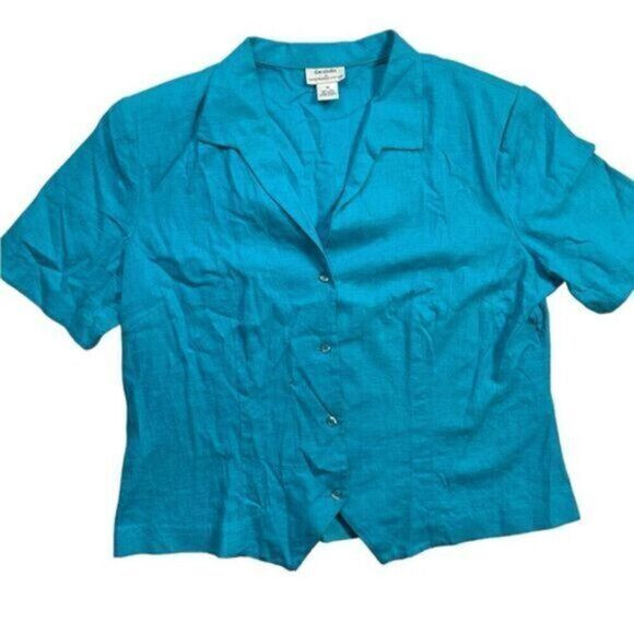 Vintage D.W. Studio 90s Plus Size Teal Button Down Collard Blouse Top - Size 16 - Picture 1 of 5